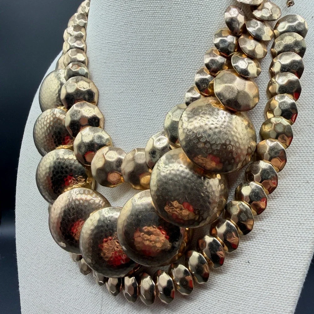 Gold Tone Hammered Disc Multi Strand Statement Bib Necklace Bold Chunky Layered